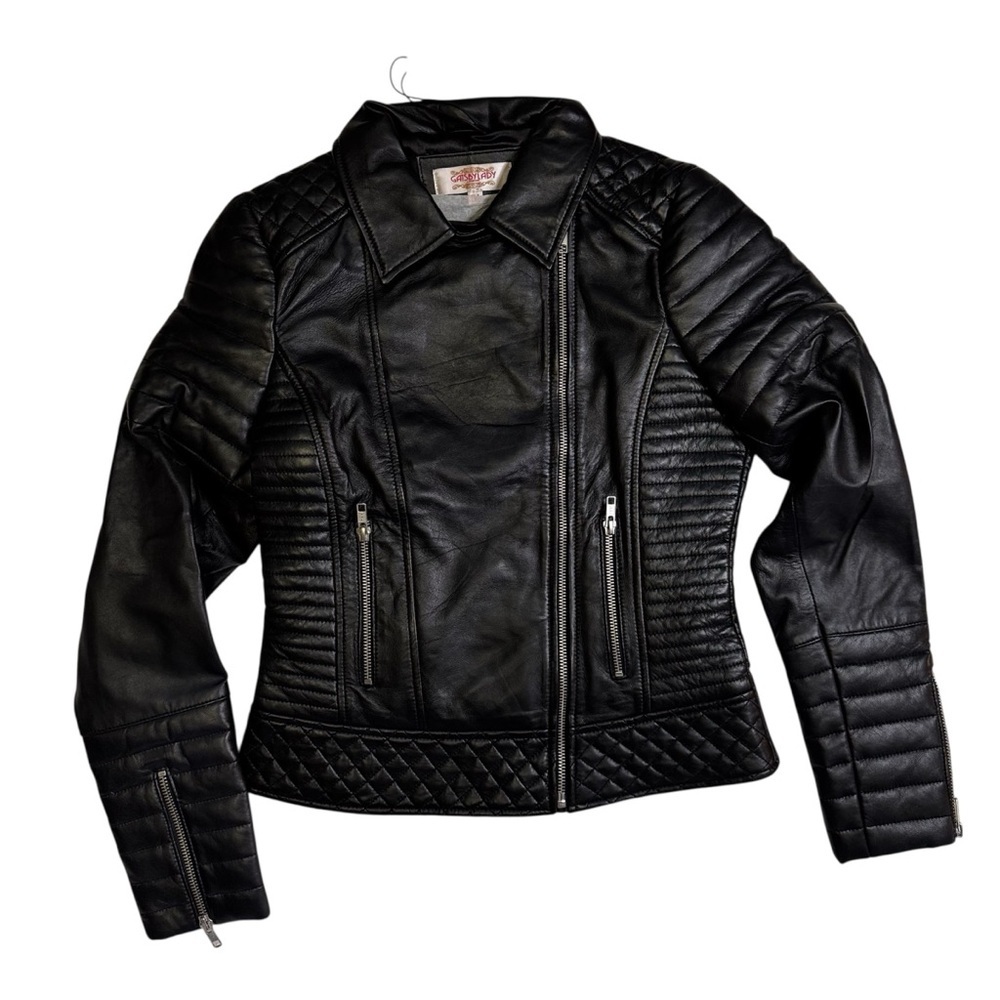 Gatsbylady London Black Leather Jacket Size 4 Lamb Leather Quilted Zip Accents